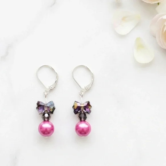 Crystal Bow & Pink Pearl Dangle Earrings - Picture 1 of 4